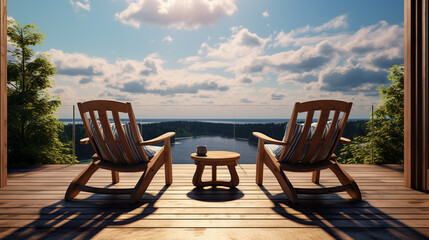 sun loungers and lake view, Two Deck Chairs on the Terrace with Pool and Amazing lake View - obrazy, fototapety, plakaty