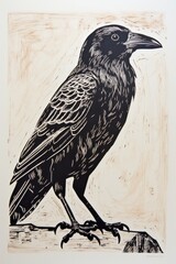 Black raven, engraving, black and white drawing - obrazy, fototapety, plakaty
