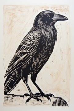 Black raven, engraving, black and white drawing