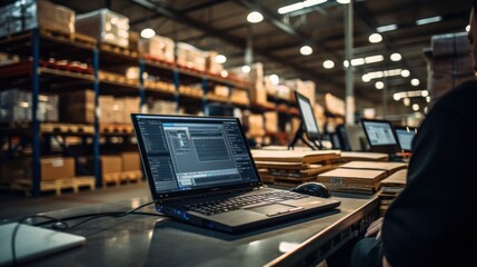 Laptops work as checklists in smart factories such as warehouses, distribution networks, logistics, transportation, export, import logistics. and transportation industry - obrazy, fototapety, plakaty