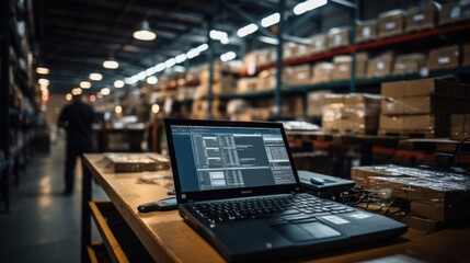 Laptops work as checklists in smart factories such as warehouses, distribution networks, logistics, transportation, export, import logistics. and transportation industry - obrazy, fototapety, plakaty