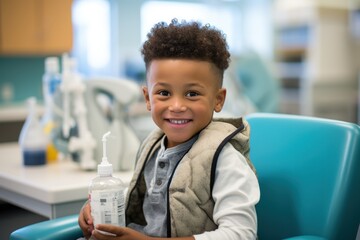 Young African American Boy Sitting In The Chair In Bright Hospital
