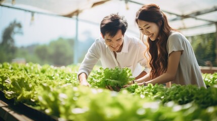 asian male and female picking fresh lettuce salad at greenhouse - obrazy, fototapety, plakaty