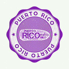 Puerto Rico seal. Country round logo with shape of Puerto Rico and country name in multiple languages word cloud. Artistic emblem. Astonishing vector illustration.