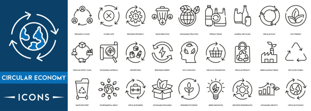 Circular Economy icon pack. Vector illustration. Sustainable business model. Scheme of product life cycle from raw material to production, using, recycling instead of waste.