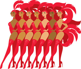 Cabaret show girls dancers in red sparkling stage costumes with plume