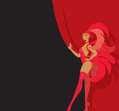 Cabaret dancer holding red curtain on the theater stage