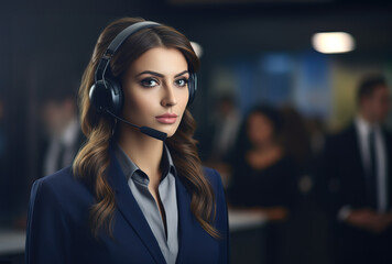 Close up portrait of beautiful confident and professional woman Customer support agent at call center. How can I help you?