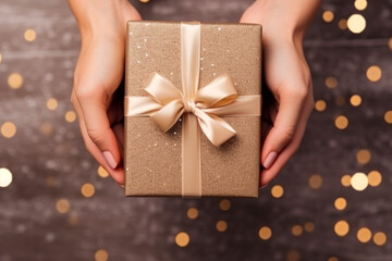 top view, Female hands hold a gold wrapped gift, decorated with a bow on festive background with copy space. Minimalism. christmas present