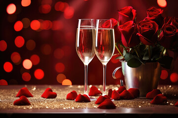 Two glasses of champagne and red roses on festive background, Valentine's day card