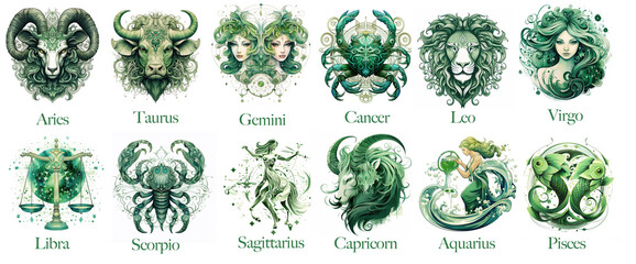Green set of watercolor Zodiac constellations on white background - obrazy, fototapety, plakaty
