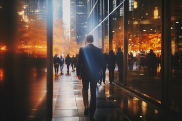 A businessperson walking out of the office building with a blurred background, symbolizing the end of the workday and the transition to the outside world. Photorealistic illustration - obrazy, fototapety, plakaty