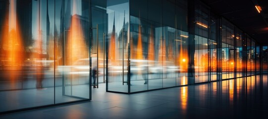 A wide-format image featuring the entrance to an office building, with blurred people in motion, portraying the dynamic and vibrant atmosphere of the corporate world. Photorealistic illustration