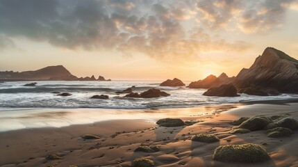 Obraz premium Seaside Serenity Relax and find peace on your journey. A picturesque view of the sea against a clear sky. Rocky mountains, Sea, Sunset over a calm sea landscape.
