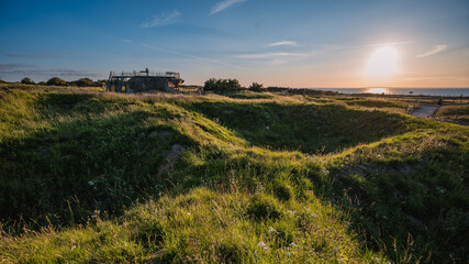 View of Pointe du Hoc in French Normandy at sunset.