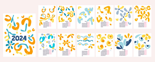 2024 calendar abstracts elements on white background set 12 months flat graphic design isolated ready for print 