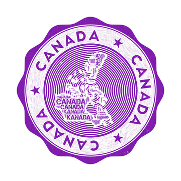 Canada seal. Country round logo with shape of Canada and country name in multiple languages wordcloud. Awesome emblem. Stylish vector illustration.