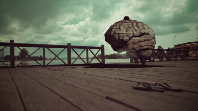 Wooden Brain on a Riverfront Deck