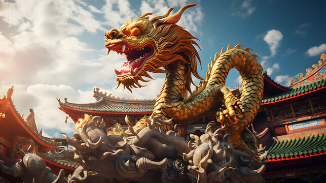 Majestic Golden Chinese Dragon Statue in Front of a Temple Background. Celebrating Chinese New Year.