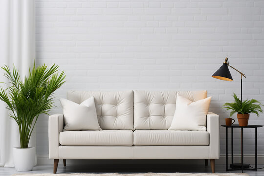 Scandinavian interior of a bright living room with a  palm tree white sofa and a coffee table on the background of a white brick wall