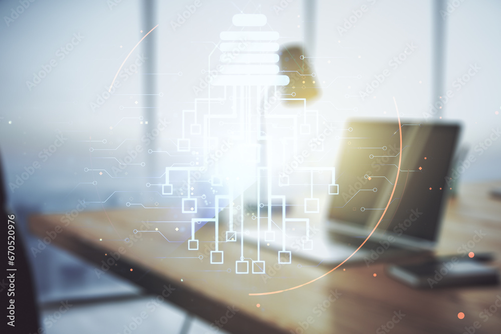 Poster double exposure of creative light bulb hologram with chip on laptop background, idea and brainstormi