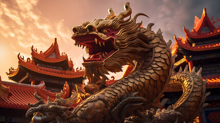 Majestic Golden Chinese Dragon Statue in Front of a Temple Background. Celebrating Chinese New Year.