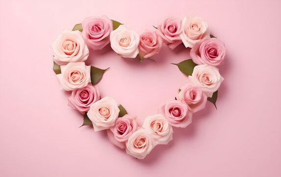 Heart-shaped rose buds frame a pink background for Valentine's Day.