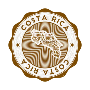 Costa Rica seal. Country round logo with shape of Costa Rica and country name in multiple languages wordcloud. Awesome emblem. Charming vector illustration.