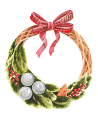 Christmas wreath for front door, Christmas winter home. Watercolor illustration, drawing on paper