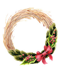 Christmas wreath for front door, Christmas winter home. Watercolor illustration, drawing on paper