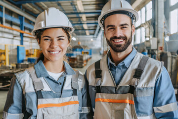 Junger Mann und junge Frau Facharbeiter/Fachkräfte in Arbeitskleidung und Helmen lächelnd in einer Industriehalle - obrazy, fototapety, plakaty
