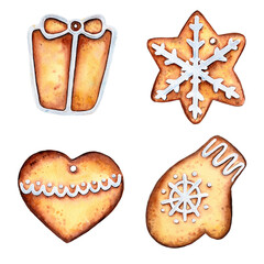 Set of glazed homemade Christmas gingerbread cookies. Watercolor illustration, drawing on paper
