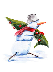 Snowman carries a Christmas tree. Watercolor illustration, drawing on paper
