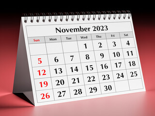 Nvember 2023. One page of the annual business desk monthly calendar