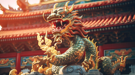 Obraz premium Majestic Golden Chinese Dragon Statue in Front of a Temple Background. Celebrating Chinese New Year.