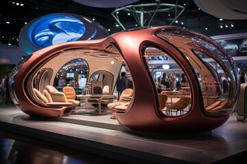 Tradeshow booth designed to resemble a futuristic spaceship, Generative AI