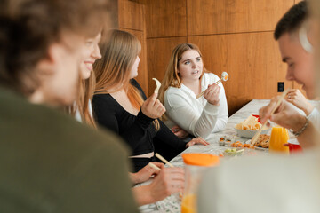 Men and women happy friends having fun at celebration party