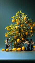 tiny farmers, picking a giant lemons, bright studio light, Pale blue transparent skyy, minimalist, miniature food photography