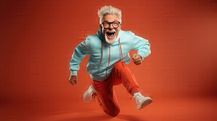 Happy elderly man jogging. isolated on red background