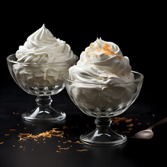 Whipped cream for cakes both regular and vegan in glass bowls, food photography, sleek dark background.