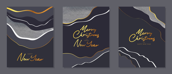 Merry Christmas and Happy New Year Set of greeting cards, posters, holiday covers. Modern design with watercolor texture and gold stripes.