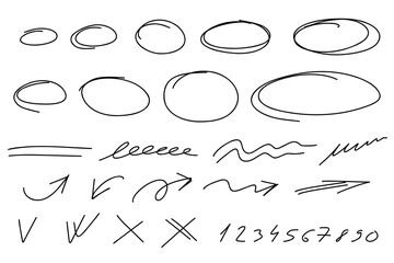 Highlighter ovals set. Marker numbers, lines, arrows, check, circle, yes, isolated on white background. Marker pen highlight underline strokes. Vector hand drawn graphic doodle element.