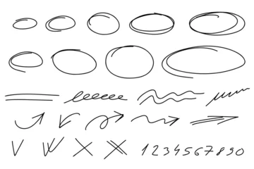 Muurstickers Highlighter ovals set. Marker numbers, lines, arrows, check, circle, yes, isolated on white background. Marker pen highlight underline strokes. Vector hand drawn graphic doodle element. © Valentina