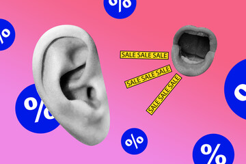Photo metaphor collage of absurd mouth screaming loud voice listen huge ear information big sale...