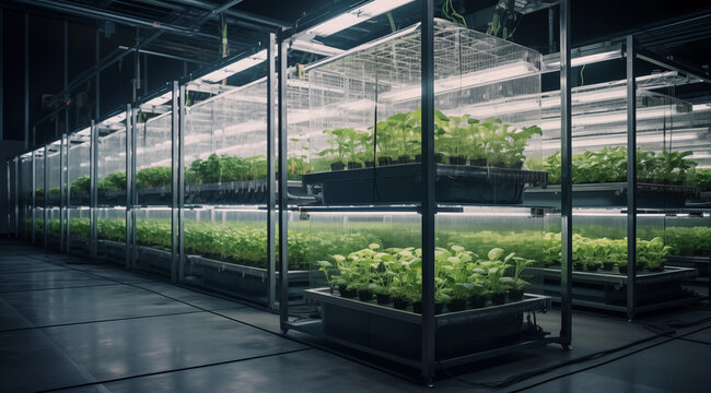 Agriculture meets futuristic design in this sleek vertical farming setup. Generative AI.