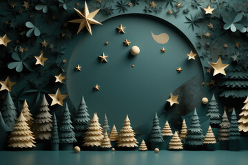New Year's background in paper cut style. New Year trees and stars. AI generative.