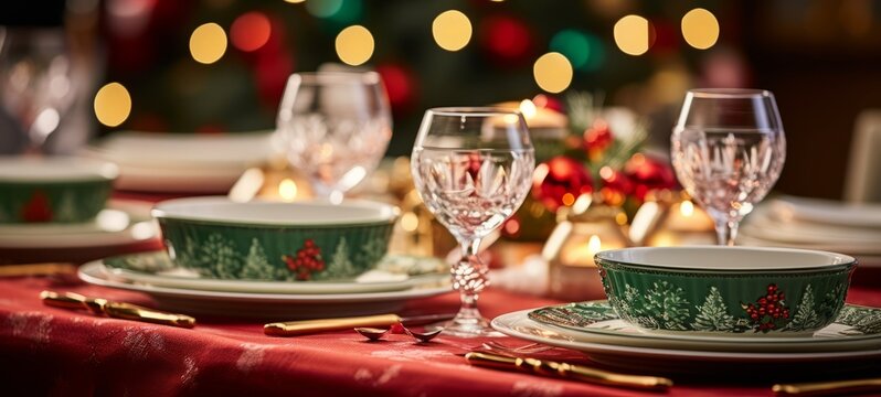 Christmas table decor: yellow, red, green colors, blurred lights in the background close up view. Christmas table setting. Horizontal banking background for web. Photo AI Generated