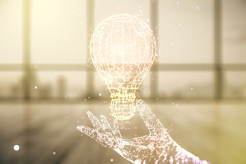 Double exposure of creative light bulb hologram on empty modern office background, research and development concept