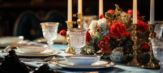 Christmas table setting close-up view, vintage tableware on table with golden candlesticks and flower arrangements. Christmas tableware. Horizontal banking background for web. Photo AI Generated - obrazy, fototapety, plakaty