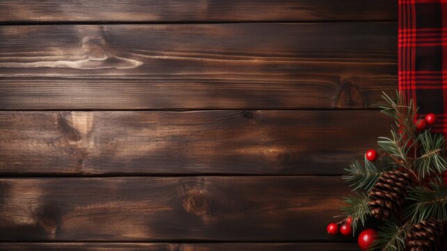 Christmas tableware with pine branches, pines with red checkered tablecloth, top view, wooden background. Christmas table setting. Horizontal banking background for web. Photo AI Generated